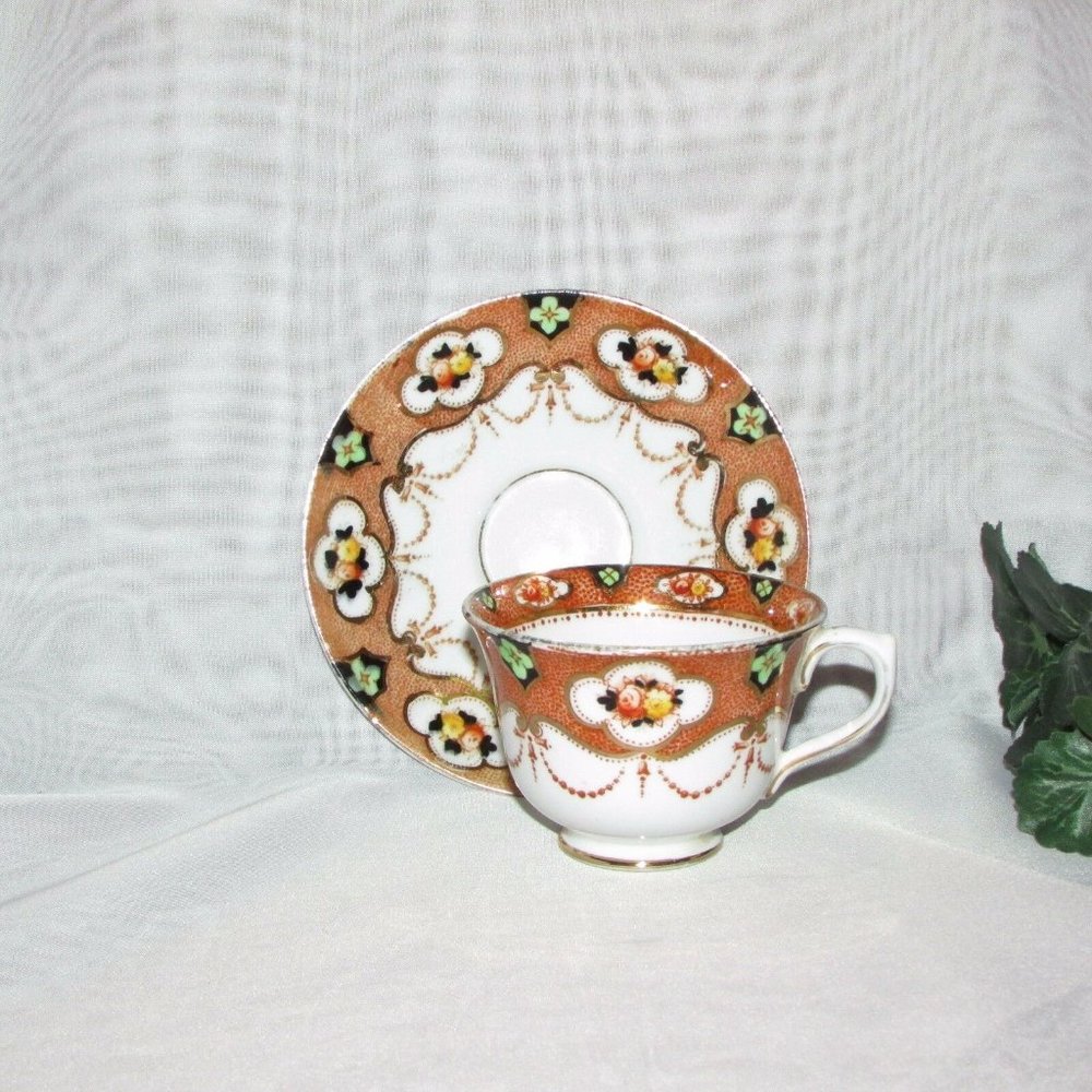 Antique Royal Albert Crown China Cup & Saucer Imari Style Cottagecore Vintage